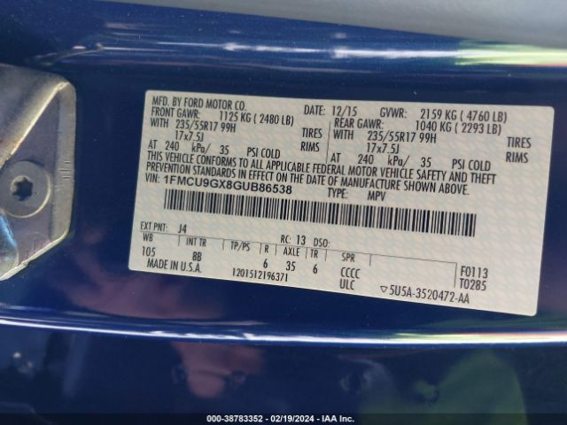 1FMCU9GX8GUB86538 Ford ESCAPE SE