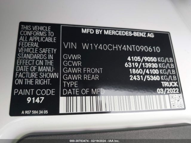 W1Y40CHY4NT090610 Mercedes-Benz Sprinter 2500 High Roof I4
