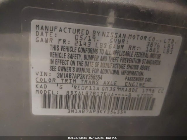 Nissan SENTRA S 2019 3N1AB7AP3KY356554 Image 9