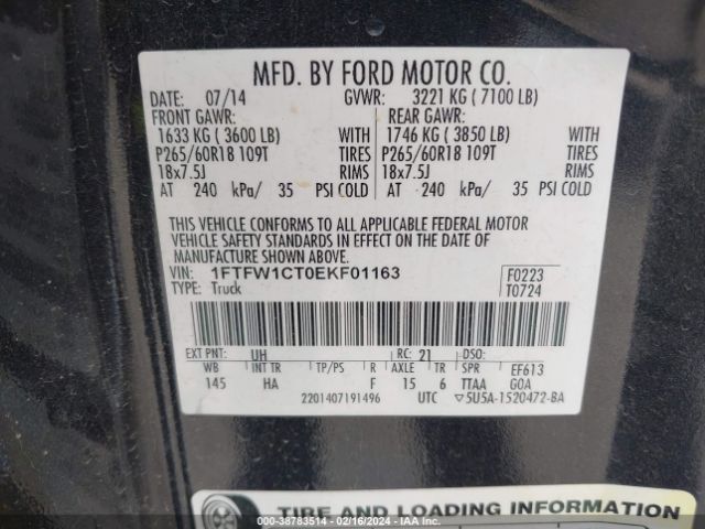 1FTFW1CT0EKF01163 Ford F-150 Lariat