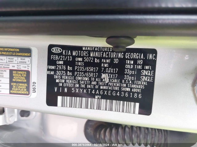KIA SORENTO LX 2014 5XYKT4A6XEG436186 Image 9