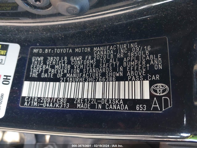 Toyota COROLLA SE 2017 2T1BURHE3HC766386 Image 9