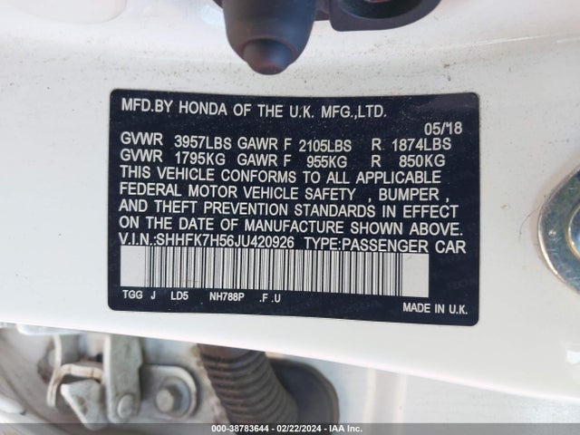 Honda CIVIC EX 2018 SHHFK7H56JU420926 Image 9