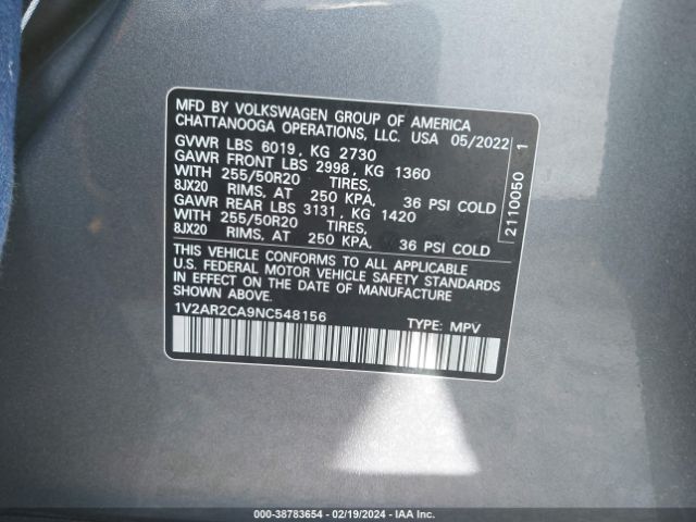 1V2AR2CA9NC548156 Volkswagen Atlas 3.6l V6 Sel R-line