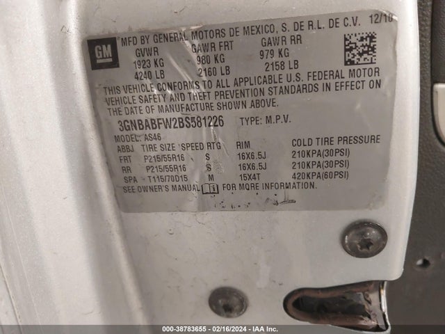 2011 CHEVROLET HHR LT VIN: 3GNBABFW2BS581226