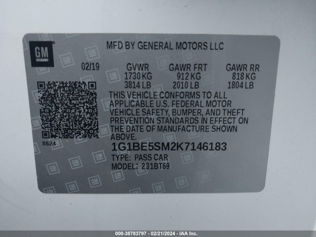 2019 CHEVROLET CRUZE LT VIN: 1G1BE5SM2K7146183