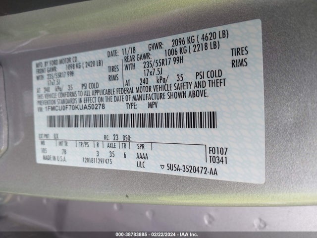 Ford ESCAPE S 2019 1FMCU0F70KUA50278 Image 9