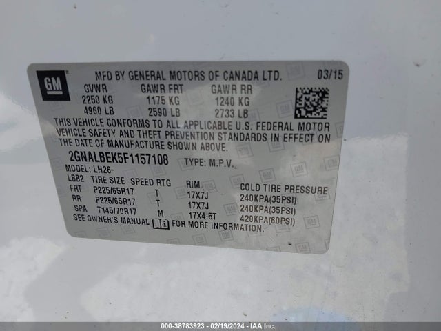 Chevrolet EQUINOX 1LT 2015 2GNALBEK5F1157108 Image 9