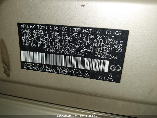 Продажа на аукционе авто 2008 Lexus Is 250, vin: JTHBK262082073424, номер лота: 38784151