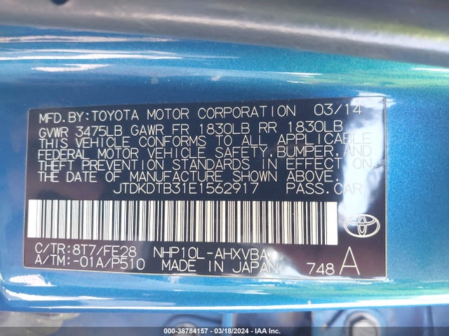 Toyota Prius C One 2014 JTDKDTB31E1562917 Image 9