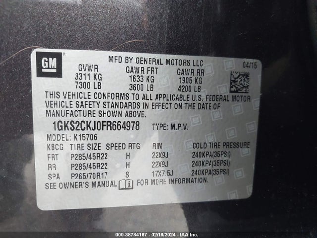 GMC YUKON DENALI 2015 1GKS2CKJ0FR664978 Image 9