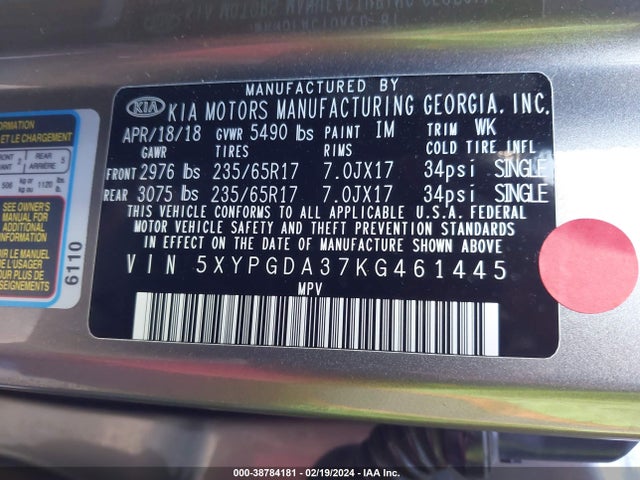 KIA Sorento 2.4l Lx 2019 5XYPGDA37KG461445 Image 9
