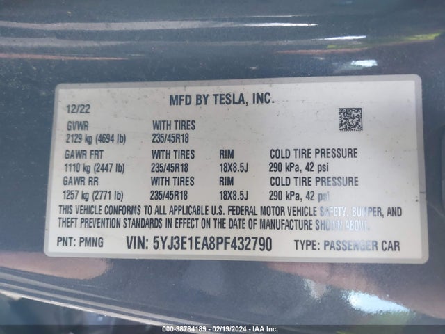 5YJ3E1EA8PF432790 Tesla Model 3 Rear-wheel Drive