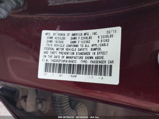 Honda ACCORD LX 2015 1HGCR2F3XFA194833 Image 9