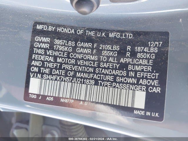Honda CIVIC EX 2018 SHHFK7H57JU211839 Image 9