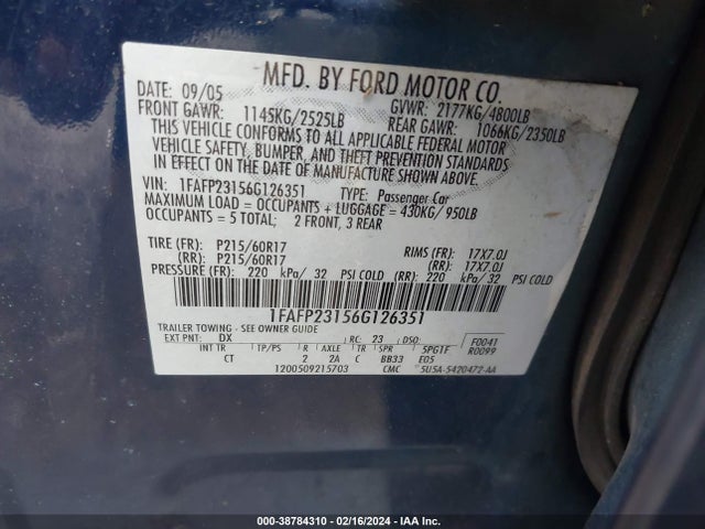 2006 FORD FIVE HUNDRED SE VIN: 1FAFP23156G126351