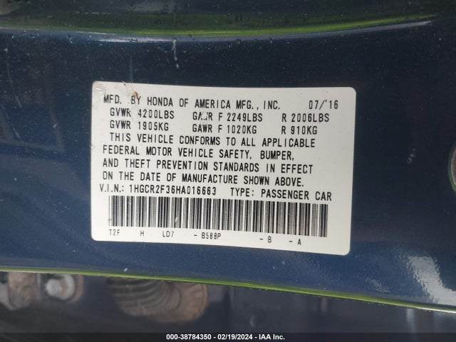 Honda ACCORD LX 2017 1HGCR2F36HA016663 Image 9
