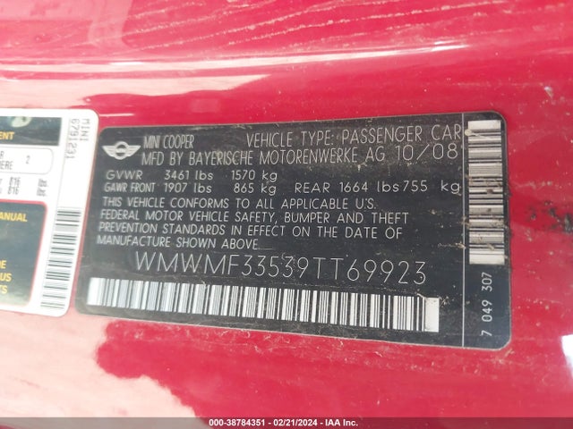 2009 MINI COOPER WMWMF33539TT69923 Photo 8