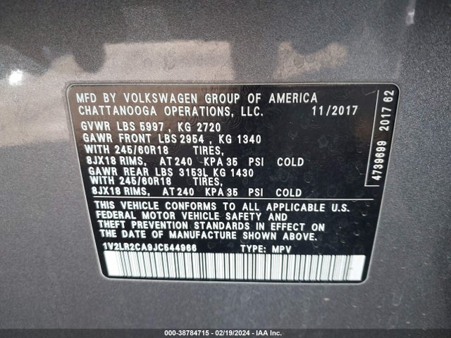 2018 VOLKSWAGEN ATLAS 3.6L V6 SE/3.6L V6 SE W/TECHNOLOGY VIN: 1V2LR2CA9JC544966