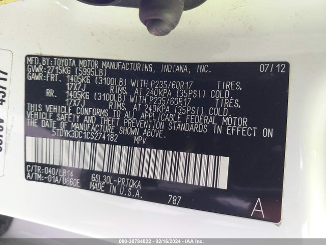 2012 TOYOTA SIENNA XLE V6 8 PASSENGER VIN: 5TDYK3DC1CS274182