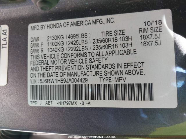 5J6RW1H89JA004429 Honda Cr-v Ex-l/ex-l Navi