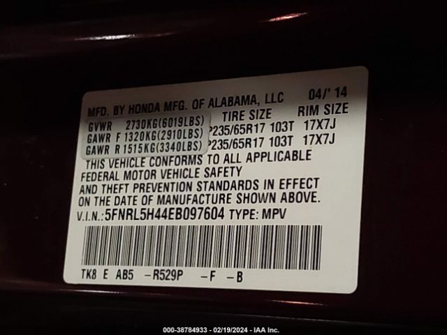 5FNRL5H44EB097604 Honda ODYSSEY EX