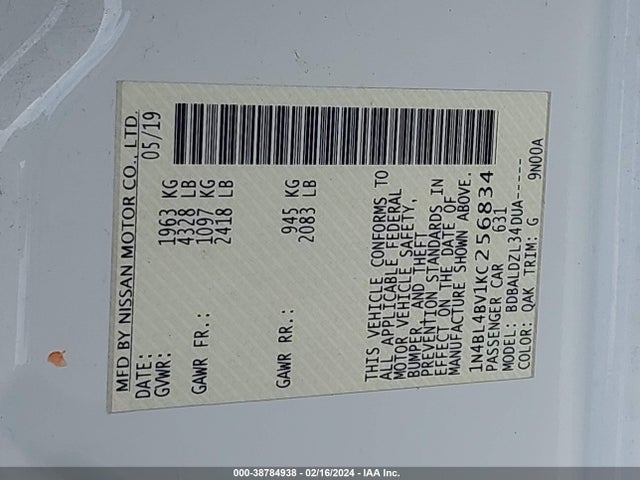 Nissan Altima 2.5 S 2019 1N4BL4BV1KC256834 Image 9