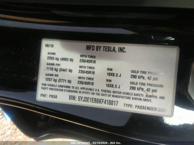 5YJ3E1EB8KF418017 Tesla Model 3 Long Range/performance