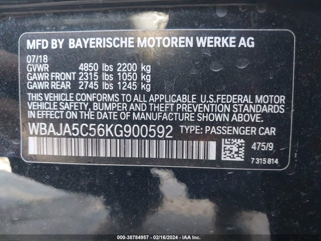 BMW 530I 2019 WBAJA5C56KG900592 Image 9