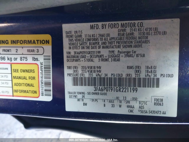 Ford FUSION SE 2016 3FA6P0T91GR221199 Image 9
