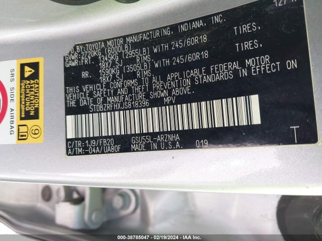 Toyota Highlander Le 2018 5TDBZRFHXJS818396 Image 9