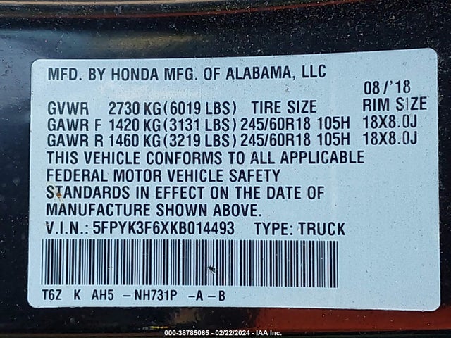 Honda Ridgeline Rtl-t 2019 5FPYK3F6XKB014493 Image 9
