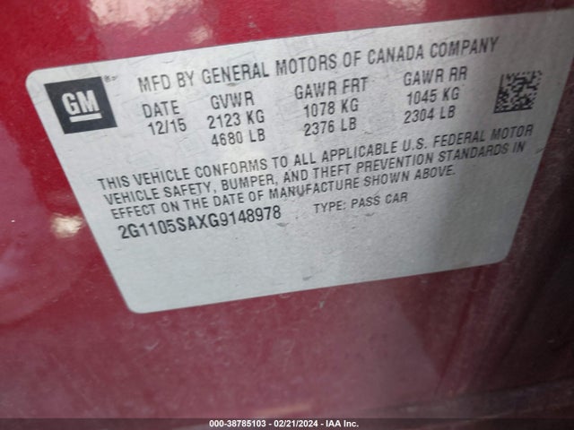 Chevrolet IMPALA 1LT 2016 2G1105SAXG9148978 Image 9