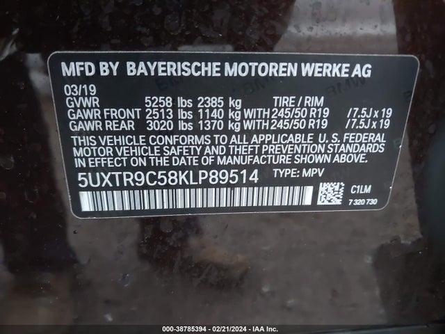 BMW X3 Xdrive30i 2019 5UXTR9C58KLP89514 Image 9