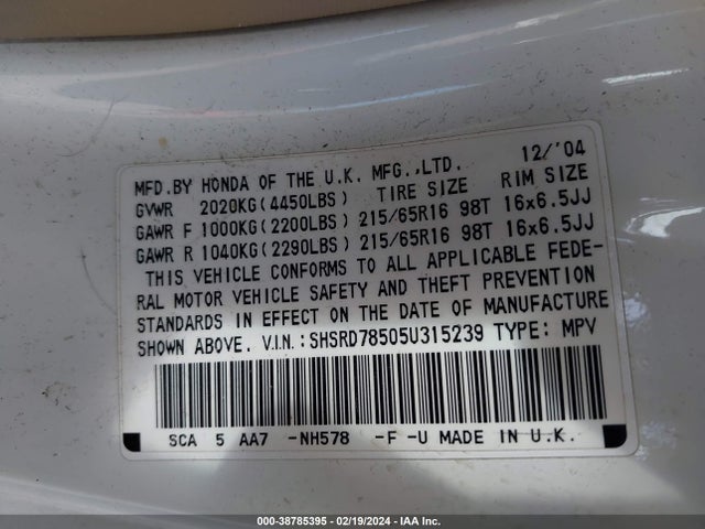 2005 HONDA CR-V LX VIN: SHSRD78505U315239