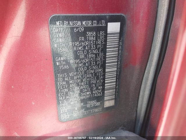 2009 NISSAN CUBE 1.8S VIN: JN8AZ28R09T114363