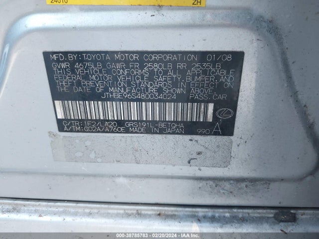 Aukcja sprzedaży 2008 Lexus Gs 350, vin: JTHBE96S480034024, numer aukcji: 38785783