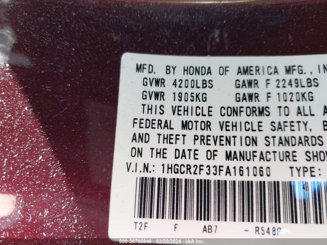 Honda ACCORD LX 2015 1HGCR2F33FA161060 Image 9