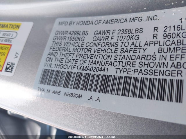 Honda ACCORD LX 2021 1HGCV1F1XMA020441 Image 9