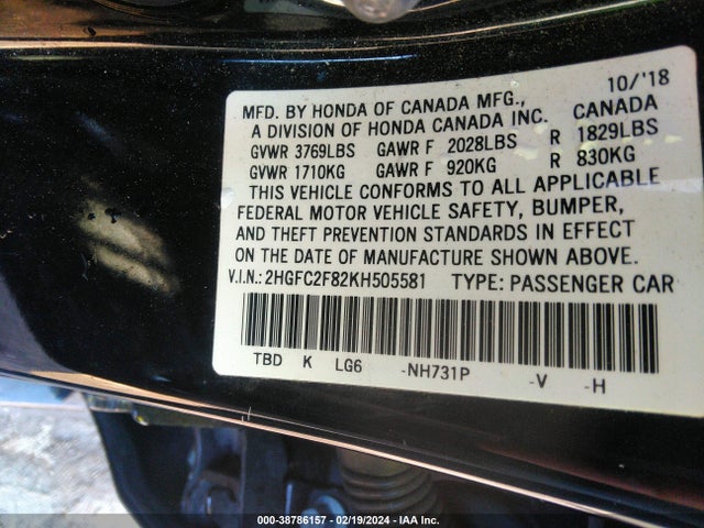 Honda Civic Sport 2019 2HGFC2F82KH505581 Image 9