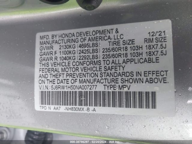 5J6RW1H50NA007277 Honda Cr-v 2wd Ex
