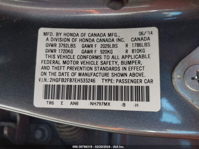 Honda CIVIC EX 2014 2HGFB2F87EH535246 Image 9