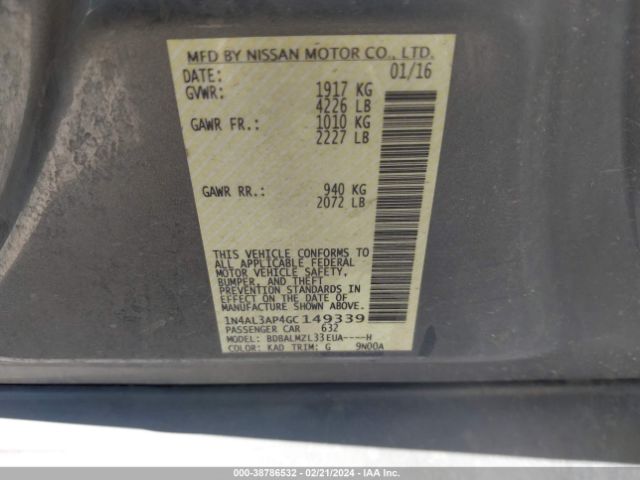1N4AL3AP4GC149339 Nissan Altima 2.5 Sv