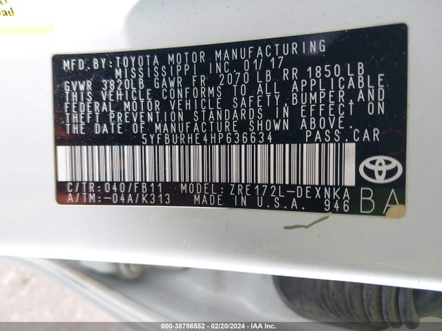 Toyota COROLLA LE 2017 5YFBURHE4HP636634 Image 9