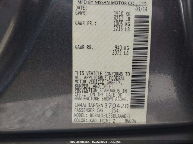 Nissan Altima 2.5 Sl 2014 1N4AL3AP5EN370420 Image 9
