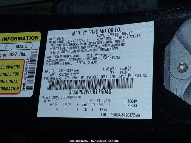 3FA6P0VP0JR115040 Ford Fusion Sport