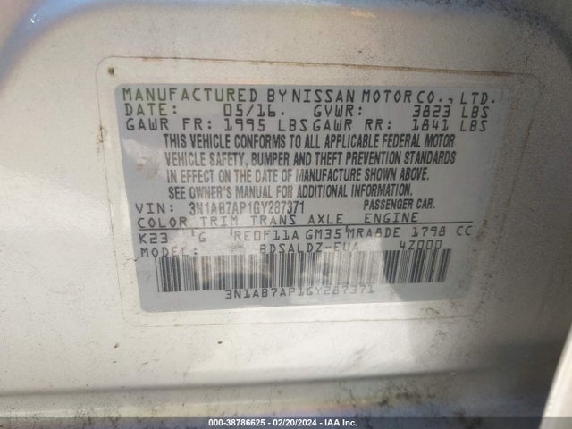 Nissan SENTRA SV 2016 3N1AB7AP1GY287371 Image 9