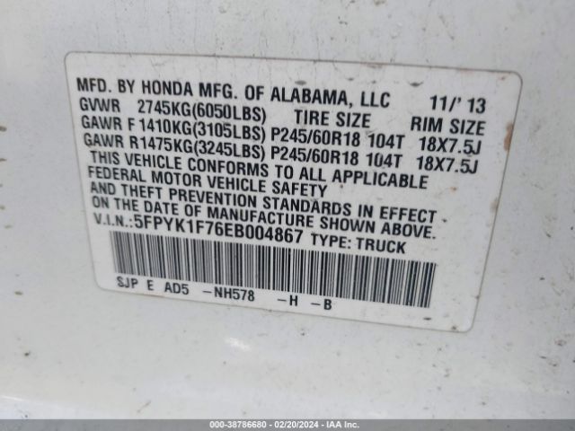 5FPYK1F76EB004867 Honda Ridgeline Sport