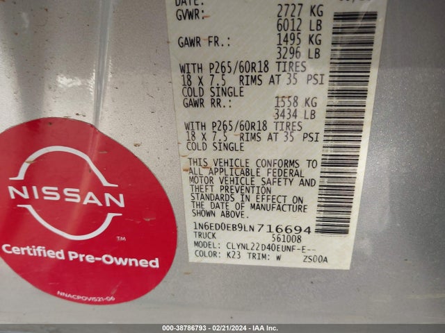 Nissan Frontier Sv 4x4 2020 1N6ED0EB9LN716694 Image 9
