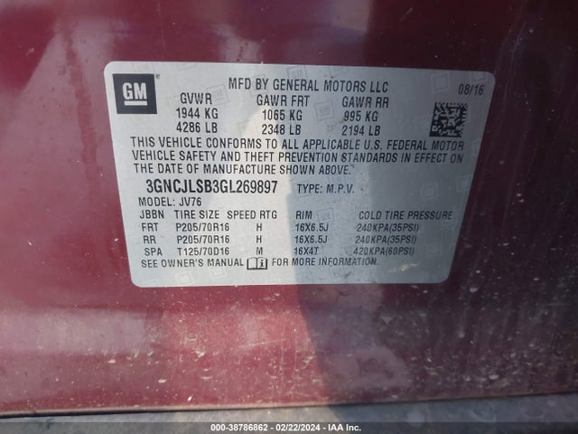 Chevrolet Trax Lt 2016 3GNCJLSB3GL269897 Image 9